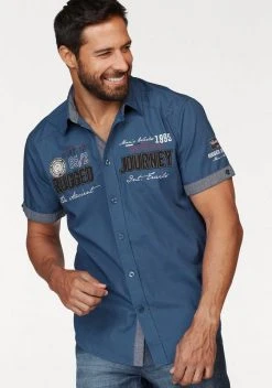 Man's World Kurzarmhemd mit Print und Aufnähern Blau, Nachtblau